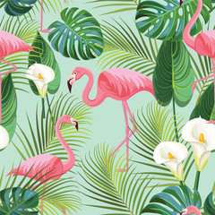 Tropical pattern with flamingos. Vector seamless texture.