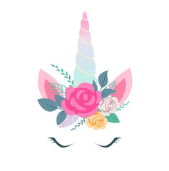 Vector illustration of cute unicorn face with flowers. Design element for birthday cards, party invitations. 
