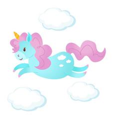 Unicorn in flight isolated on white background. Vector illustration.