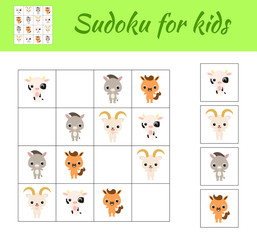 Sudoku game for children with pictures. Kids activity sheet. Educational game for preschool years kids and toddlers. Set of cute cartoon animals. Flat vector stock illustration.