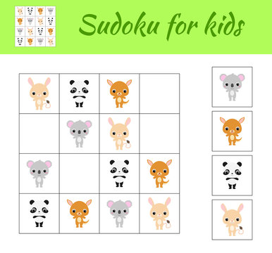 Sudoku game for children with pictures. Kids activity sheet. Educational game for preschool years kids and toddlers. Set of cute cartoon animals. Flat vector stock illustration.