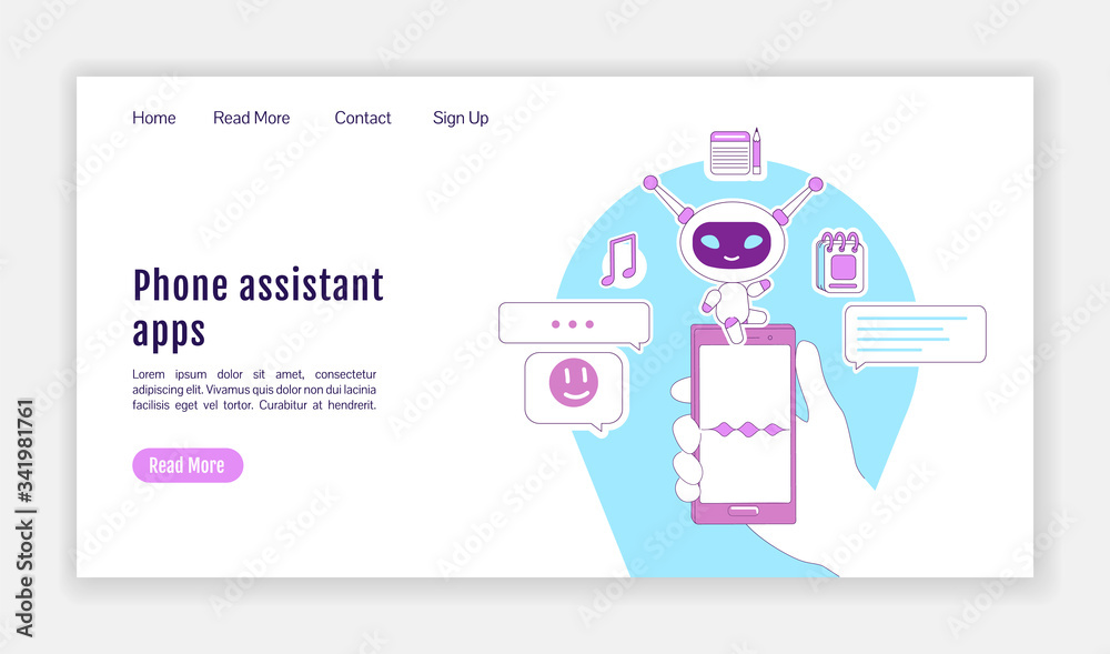 Wall mural phone assistant apps landing page flat silhouette vector template. chatbot with voice recognition ho