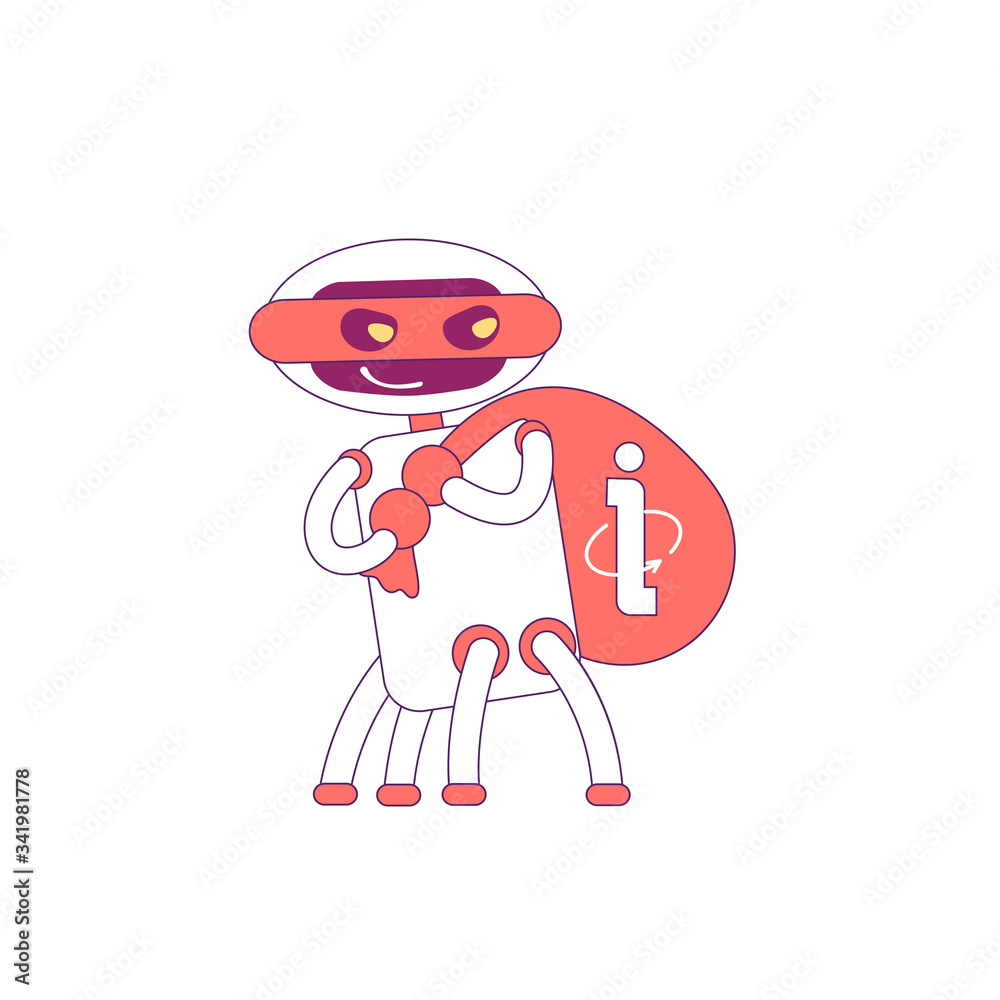 Poster information stealing robot red linear object. scraper bad bot thin line symbol. info harvesting soft