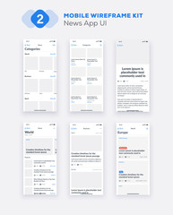 Wireframe UI kit for smartphone. Mobile App UX design. New OS news, categories, articles screens.
