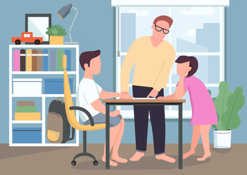 Father help kids with homework flat color vector illustration. Parent teach children. Dad explain lesson in textbook. Son and daughter. Family 2D cartoon characters with interior on background