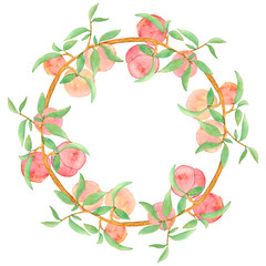 Watercolor wreath of twigs with peaches Isolated on a white background. Frame of peaches for invitations, cards, fabrics and scrapbooking.

