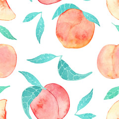 Watercolor seamless pattern with large ripe peaches isolated on a white background. Print with pink and orange peaches.
