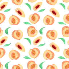 Watercolor seamless pattern with peaches and green leaves isolated on white background. Delicate print with halves and quarters of peaches.

