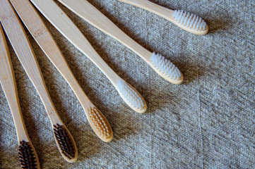 Set of colorful bamboo toothbrushes. Environmentally friendly material.