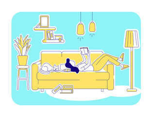 Reading book flat silhouette vector illustration. Woman lying on couch with cat. Person holding magazine. Female outline character on turquoise background. Recreation simple style drawing
