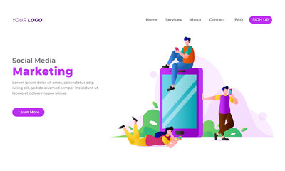 Social Media Marketing Landing Page concept. Flat style minimal vector illustration isolated on white background.