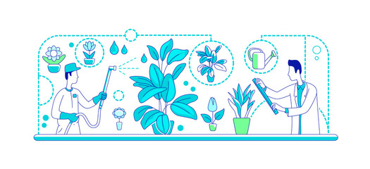 Plants genetic engineering flat silhouette vector illustration. Laboratory workers outline characters on white background. Artificial fertilizer development. Scientific experiment simple style drawing
