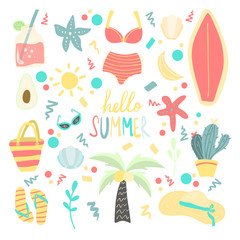Summer and beach vacation elements set, colorful flat vector illustration isolated on white background