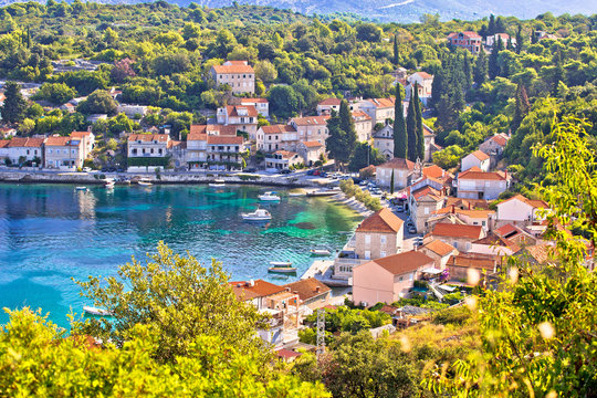 Korcula. Idyllic coastal village of Racisce on Korcula island aerial view