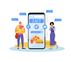 24 hours fast food delivery flat concept vector illustration. Deliveryman and online customer 2D cartoon characters for web design. Food ordering and delivery Internet service creative idea