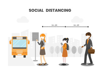 People wear face masks waiting in queue at bus stop, practice social distancing (Physical distancing) by keep distance away and stay at least 6 feet (2 meters) from other in pandemic situation.