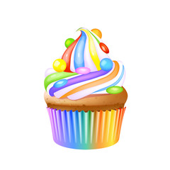 Cupcake, delicious creamy muffin realistic vector illustration. Birthday dessert, confectionery, sweet stuff. Homemade pastry with frosting flavors decoration 3d isolated object on white background