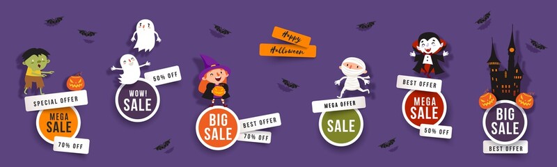 Obraz premium Halloween sale, discounts set of round banners with cute witch, vampire, ghost, zombie, mummy, bats. Isolated vector clip art with Halloween characters for festive sale design