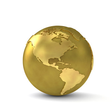 Gold globe showing North and South America. 3D Render