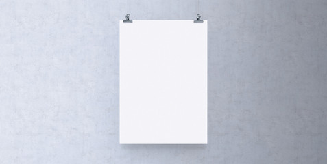 Blank white paper hanging on brick wall. Poster clips empty template mockup.