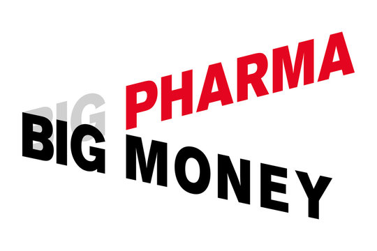Big Pharma Big Money lettering. Words shown in capital letters, distorted and offset, with a three-dimensional effect. Red, gray and black letters. Isolated illustration on white background. Vector.