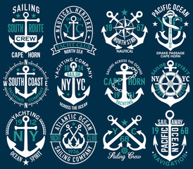 Ocean yachting sailing vector anchor badges collection  artwork for  prints or embroideries