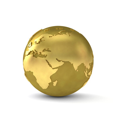 Gold globe showing the middle east. 3d render