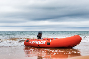 Surf Rescue boat on the beach in Burnie, Tasmania.
