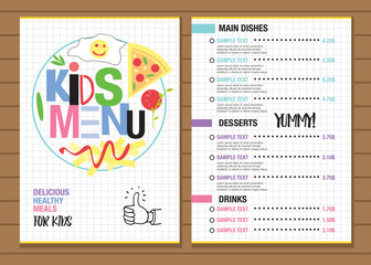 Cute colorful kids meal menu placemat design vector template