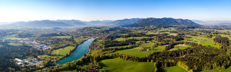Aerial Panorama Bad Tölz, Isar Valley, Germany Bavarian Alps. Sunrise