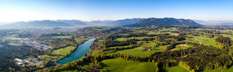 Fototapeta na wymiar Aerial Panorama Bad Tölz, Isar Valley, Germany Bavarian Alps. Sunrise