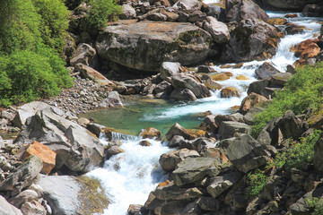 Mountain landscape, mountain river, stream in summer