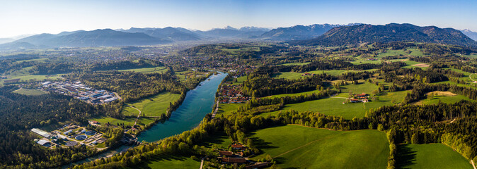 Aerial Panorama Bad Tölz, Isar Valley, Germany Bavarian Alps. Sunrise