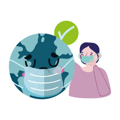 Woman and world with mask and check mark vector design