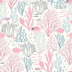 Sea wildlife with coral reef, fishes and starfish, seamless pattern. Vector abstract illustration pink, blue and grey colors with texture, design elements on ivory background. © Nikole