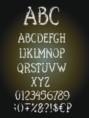 Chalk english alphabet, abc, education uppercase letters, numbers, signs isolated on textured background. Concept for menu, cards, invitation