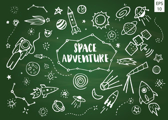 Card with space objects on blackboard: stars, rockets, planets, the moon, the sun etc. Vector illustration.
