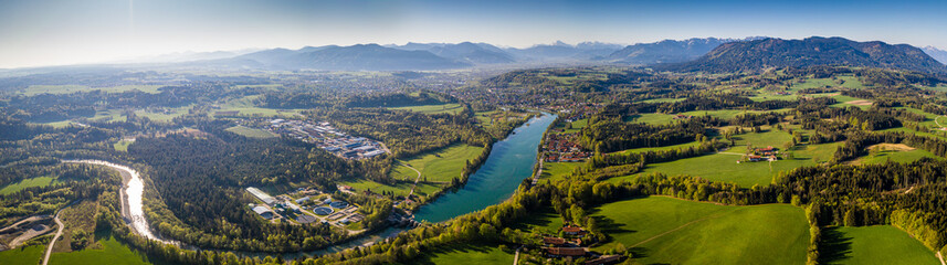 Fototapeta na wymiar Aerial Panorama Bad Tölz, Isar Valley, Germany Bavarian Alps. Sunrise