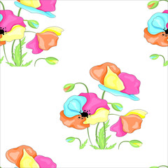 Colorfull flower poppy vector seamless pattern. Unique hand painted poppy flower illustration clipart elements isolated on white perfect for print, packaging and all kinds of design.