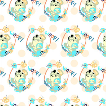 Seamless pattern with hand painted unique puppy Woof! with background with polka dots. Woof! dog vector seamless clipart elements isolated on white perfect for print and all kinds of children design.