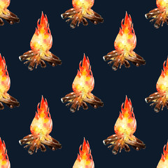 Hand drawn watercolor pattern with camp fire