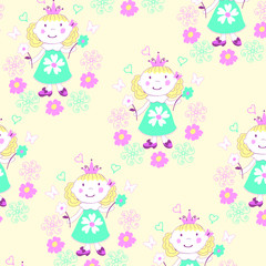 Sweet funny girl and cream background. Unique Princess with flowers, butterflies and hearts vector seamless illustration clipart elements isolated on white perfect for print and all kinds of children 