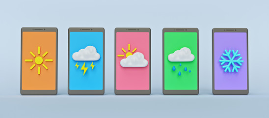 Weather icons, symbols on smartphone. weather forecast widget, mobile application concept. minimal style horizontal banner. 3d rendering