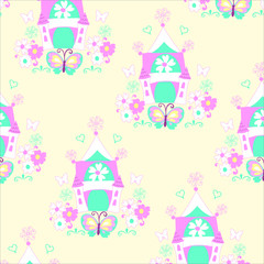 Cute cartoon girl house seamless pattern with butterfly, flowers and hearts. Unique hand painted sweet Princess illustration clipart elements isolated on white perfect for print, packaging and all kin