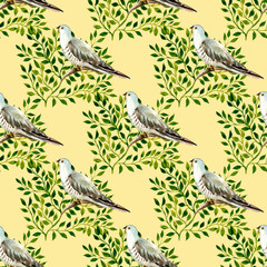 watercolor seamless pattern with foliage and cuckoo bird.