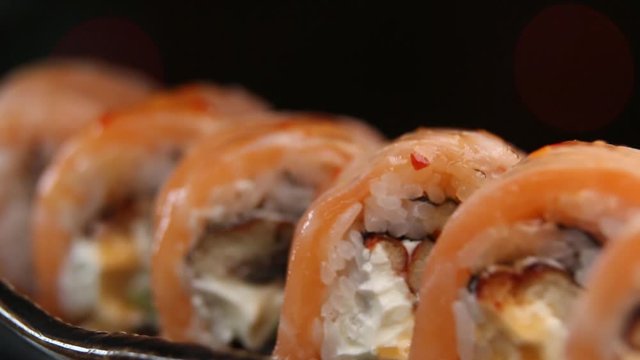 Sushi roll set . Various Sushi japanese food in restaurant.