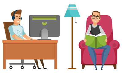 Portrait view of men reading literature and using computer, smiling males wearing headset and glasses, people relaxing, leisure indoor, book and pc vector