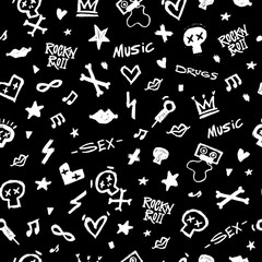 Rock'n'Roll seamless pattern. 
Black-white print for textiles, backgrounds, printing. Grunge style, hand lettered, vector illustration.