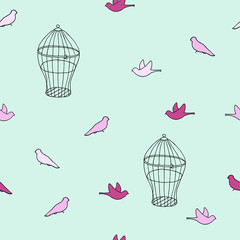 seamless pattern cells and birds on a colored background, illustration, vector, drawing, graphics, handheld design element for printing, scrapbooking, cards