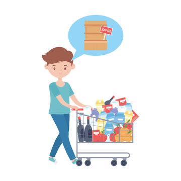Man shopping with cart and products and shelf vector design